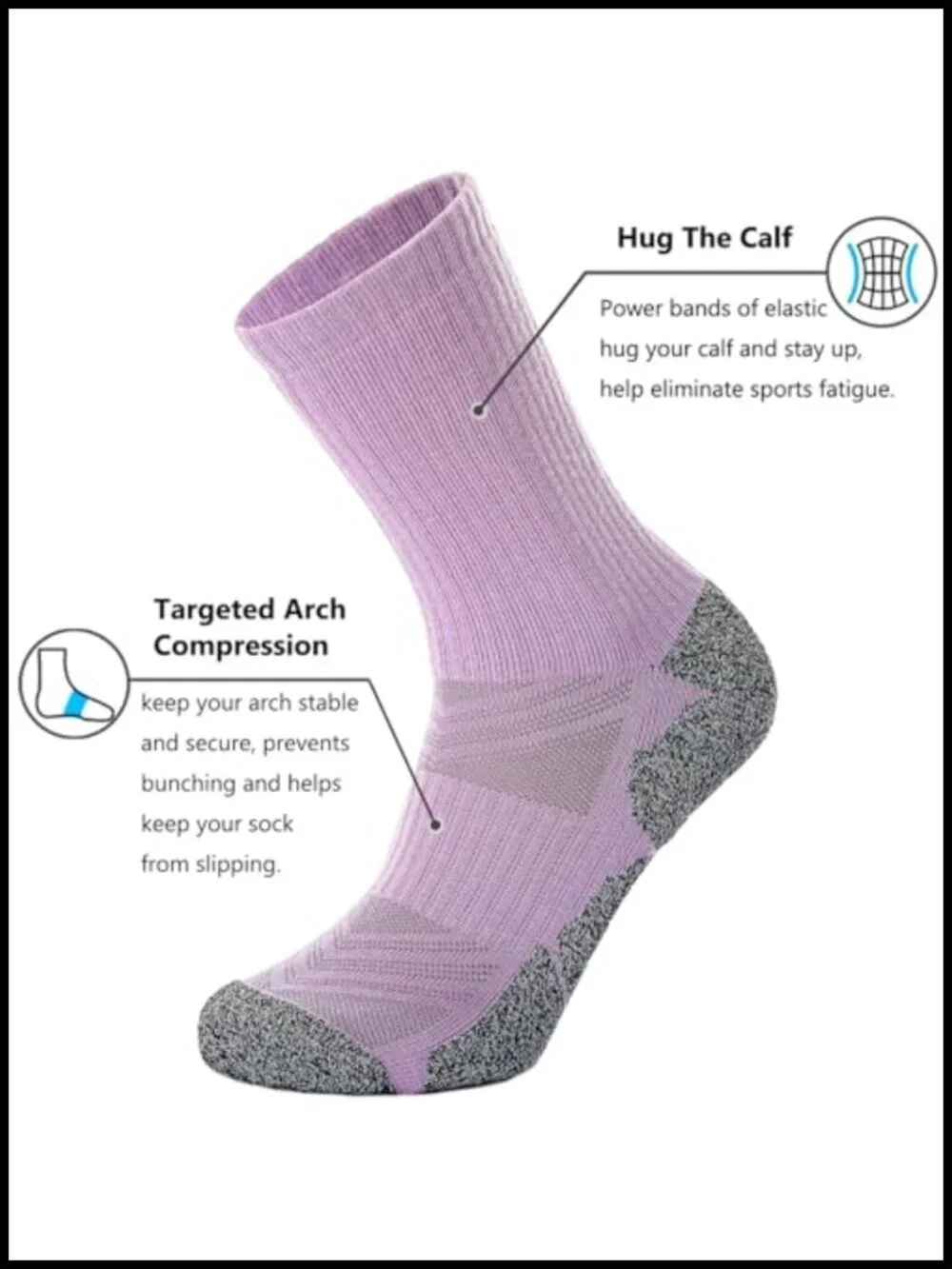 Cushioned Hiking Crew Socks, Moisture Wicking, Arch Compression, 3 Pairs